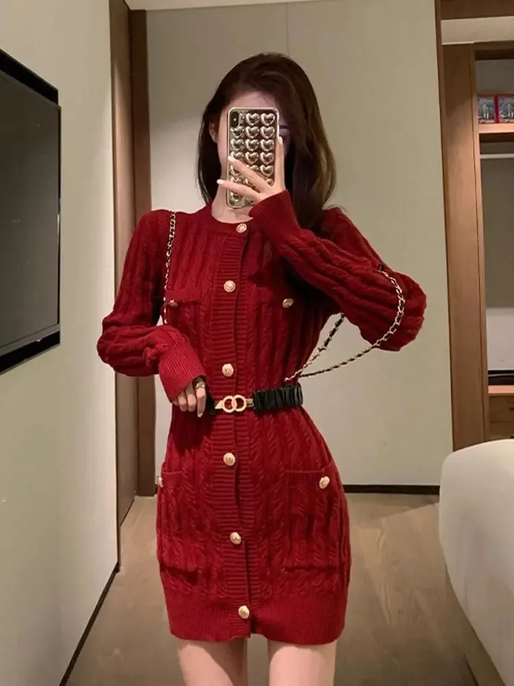 Wenkouban Women's  Knitted Dress, Long Sleeve, Single Breasted, Sexy Short Sweater Dress, Female Knitwear, Office Lady, High Waist