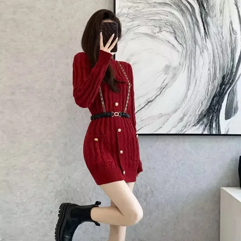 Wenkouban Women's  Knitted Dress, Long Sleeve, Single Breasted, Sexy Short Sweater Dress, Female Knitwear, Office Lady, High Waist