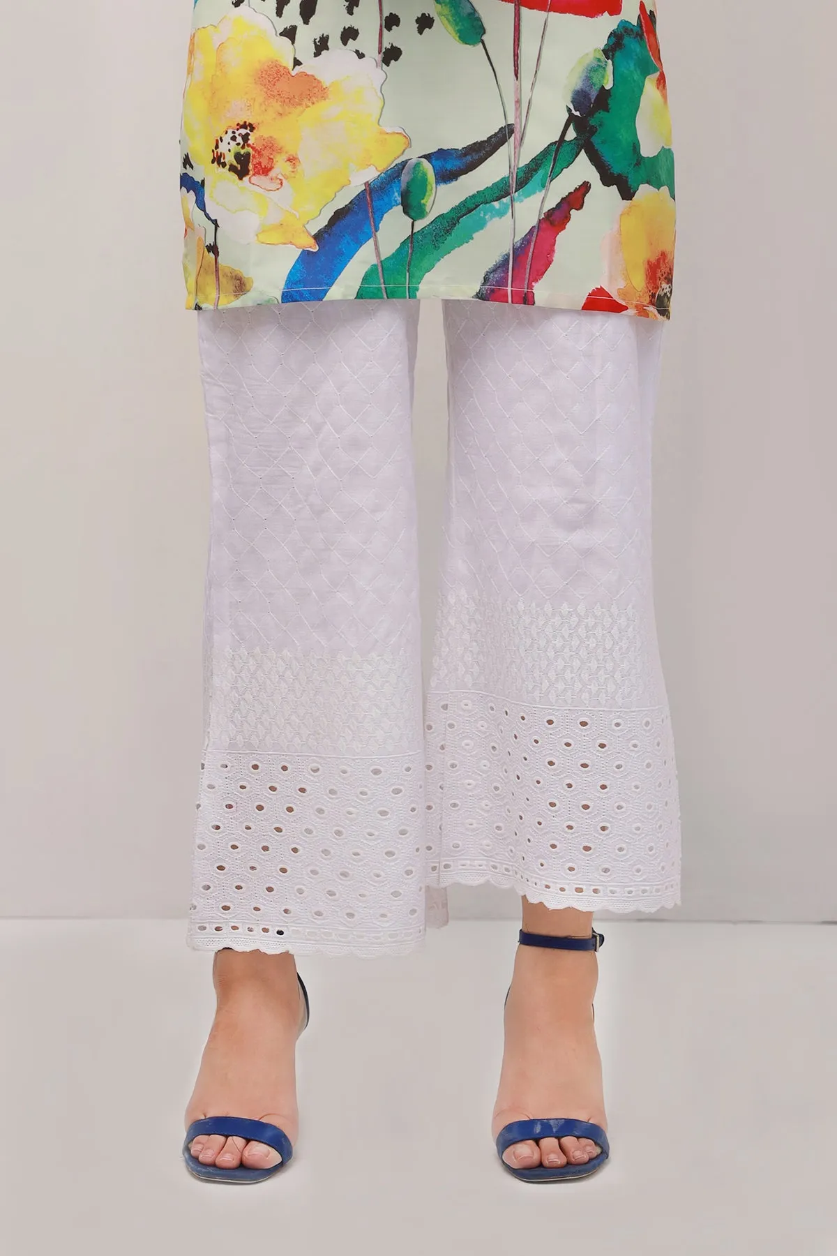 White Chikankari Bell Bottom Pants - S22 - WTR0035