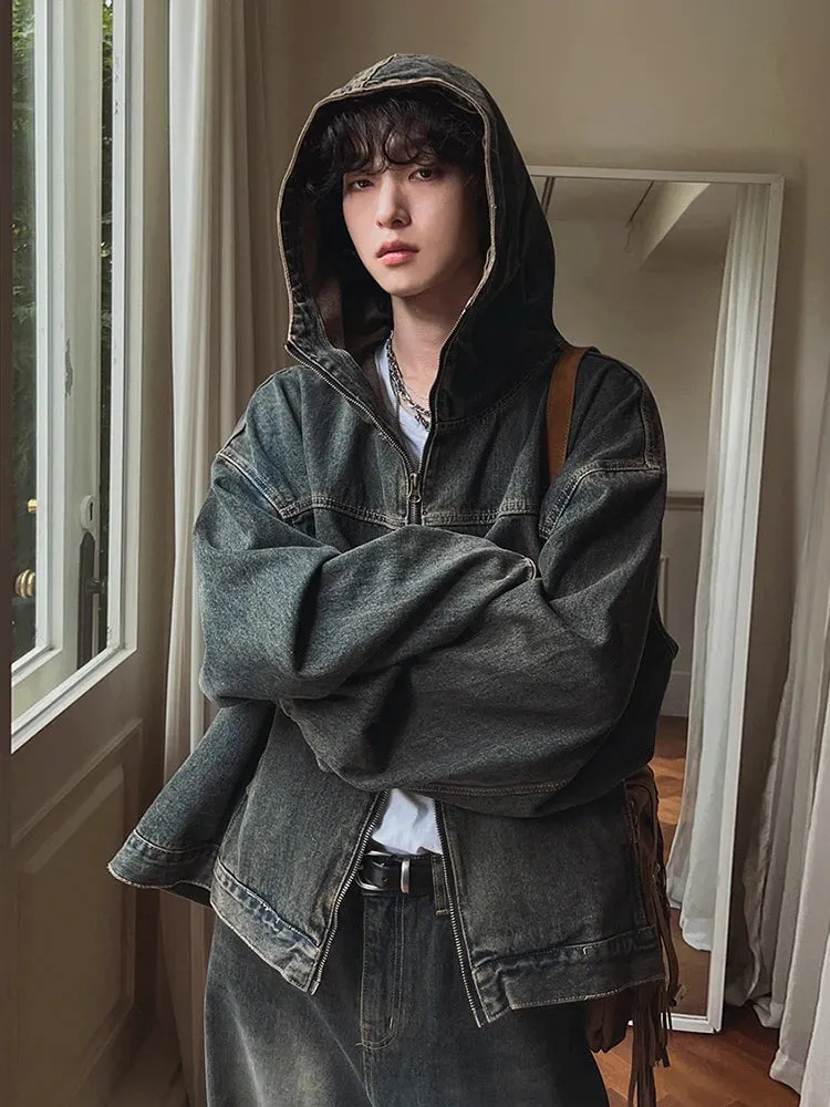 Wiaofellas  -  fall outfit men Autumn Korean Style High Street Casual Male Hoodie Denim Jacket Wide Leg Straight Leg Pants Hooded Two-piece Set