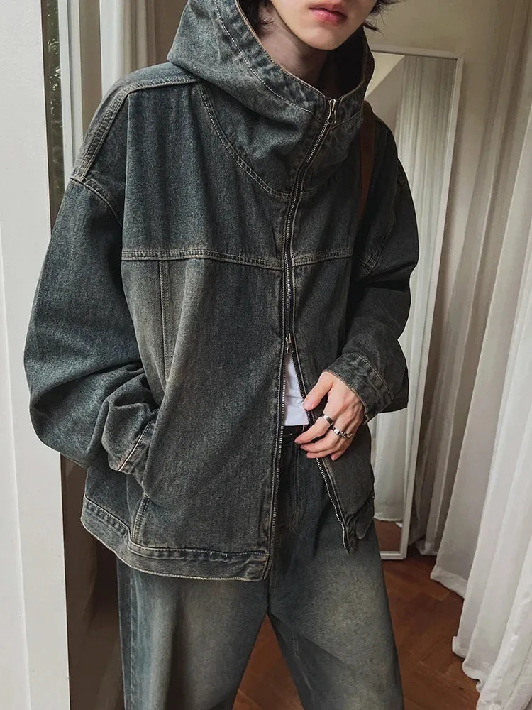 Wiaofellas  -  fall outfit men Autumn Korean Style High Street Casual Male Hoodie Denim Jacket Wide Leg Straight Leg Pants Hooded Two-piece Set