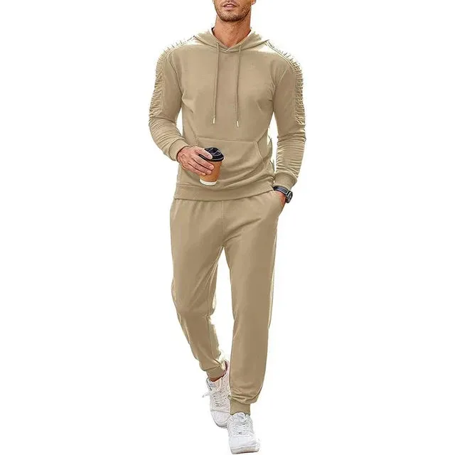 Wiaofellas Fashion Tracksuits Men Hoodie Two Piece Sets Fall Casual Pleated Sleeve Hoodies And Pants Suits Mens Clothing Streetwear Outfits