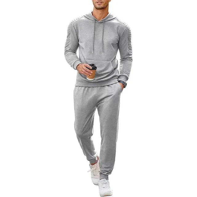 Wiaofellas Fashion Tracksuits Men Hoodie Two Piece Sets Fall Casual Pleated Sleeve Hoodies And Pants Suits Mens Clothing Streetwear Outfits