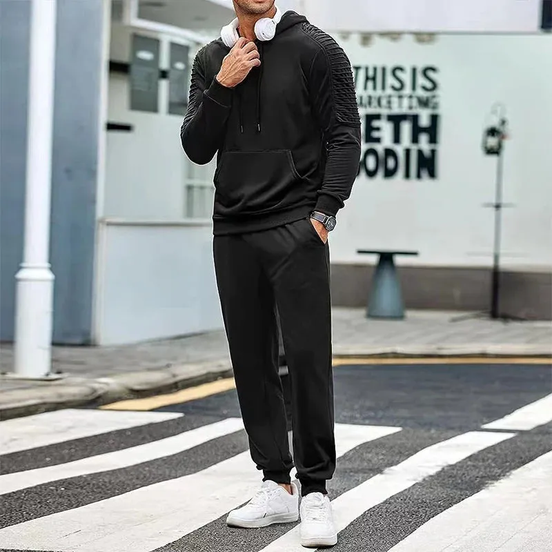 Wiaofellas Fashion Tracksuits Men Hoodie Two Piece Sets Fall Casual Pleated Sleeve Hoodies And Pants Suits Mens Clothing Streetwear Outfits