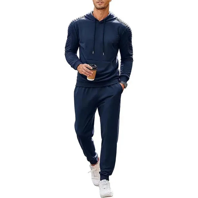 Wiaofellas Fashion Tracksuits Men Hoodie Two Piece Sets Fall Casual Pleated Sleeve Hoodies And Pants Suits Mens Clothing Streetwear Outfits