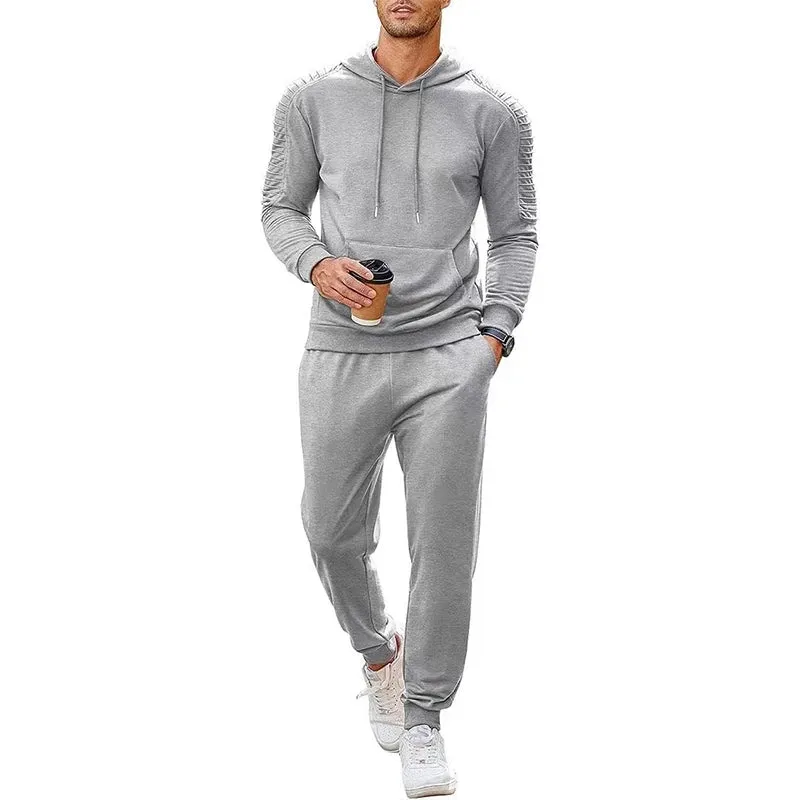 Wiaofellas Fashion Tracksuits Men Hoodie Two Piece Sets Fall Casual Pleated Sleeve Hoodies And Pants Suits Mens Clothing Streetwear Outfits