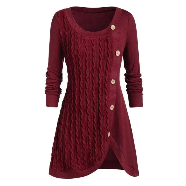 Winter Solid Buttons Tunic Sweater Women 2020