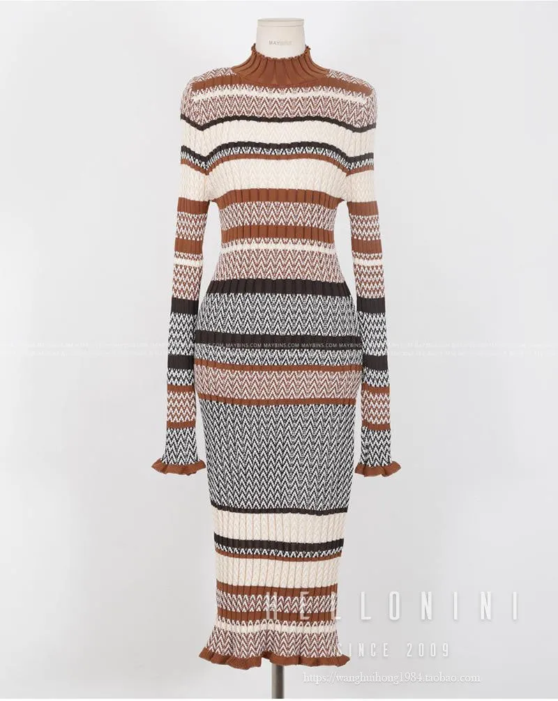 Wjczt One Piece Sweater Dress 2022 Autumn Winter Gentle Wind Color Matching Striped Waist Long Knitted Dress Fashion Women&#39;S Clothing