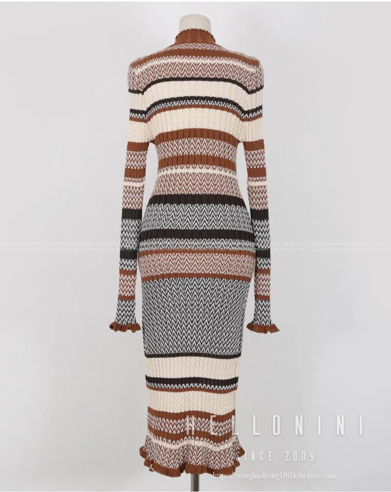 Wjczt One Piece Sweater Dress 2022 Autumn Winter Gentle Wind Color Matching Striped Waist Long Knitted Dress Fashion Women&#39;S Clothing