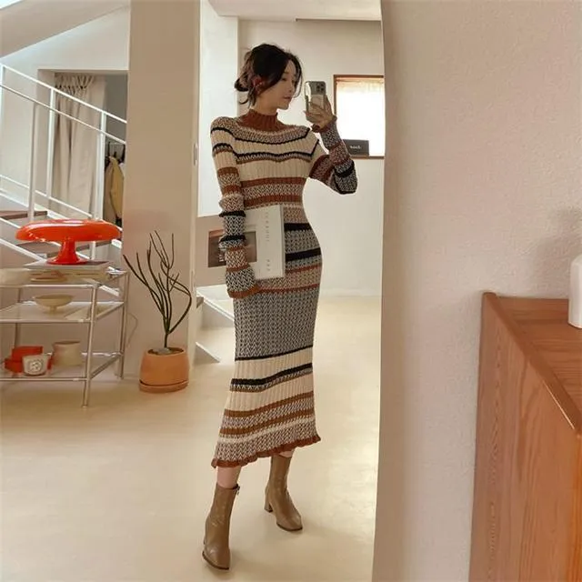 Wjczt One Piece Sweater Dress 2022 Autumn Winter Gentle Wind Color Matching Striped Waist Long Knitted Dress Fashion Women&#39;S Clothing