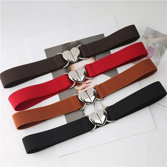 Women Elastic Belts Love Heart Metal Buckle Waist Dress Coat Sweater Decorative Waistband Accessories