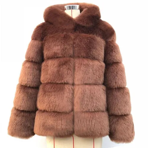 Women Hooded Long Sleeve Faux Fur Jacket