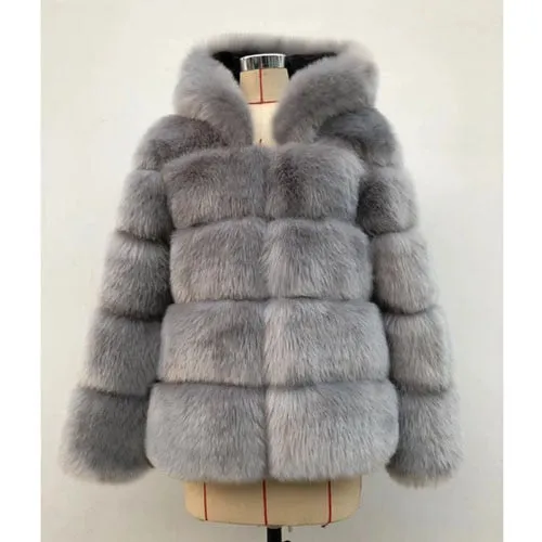 Women Hooded Long Sleeve Faux Fur Jacket