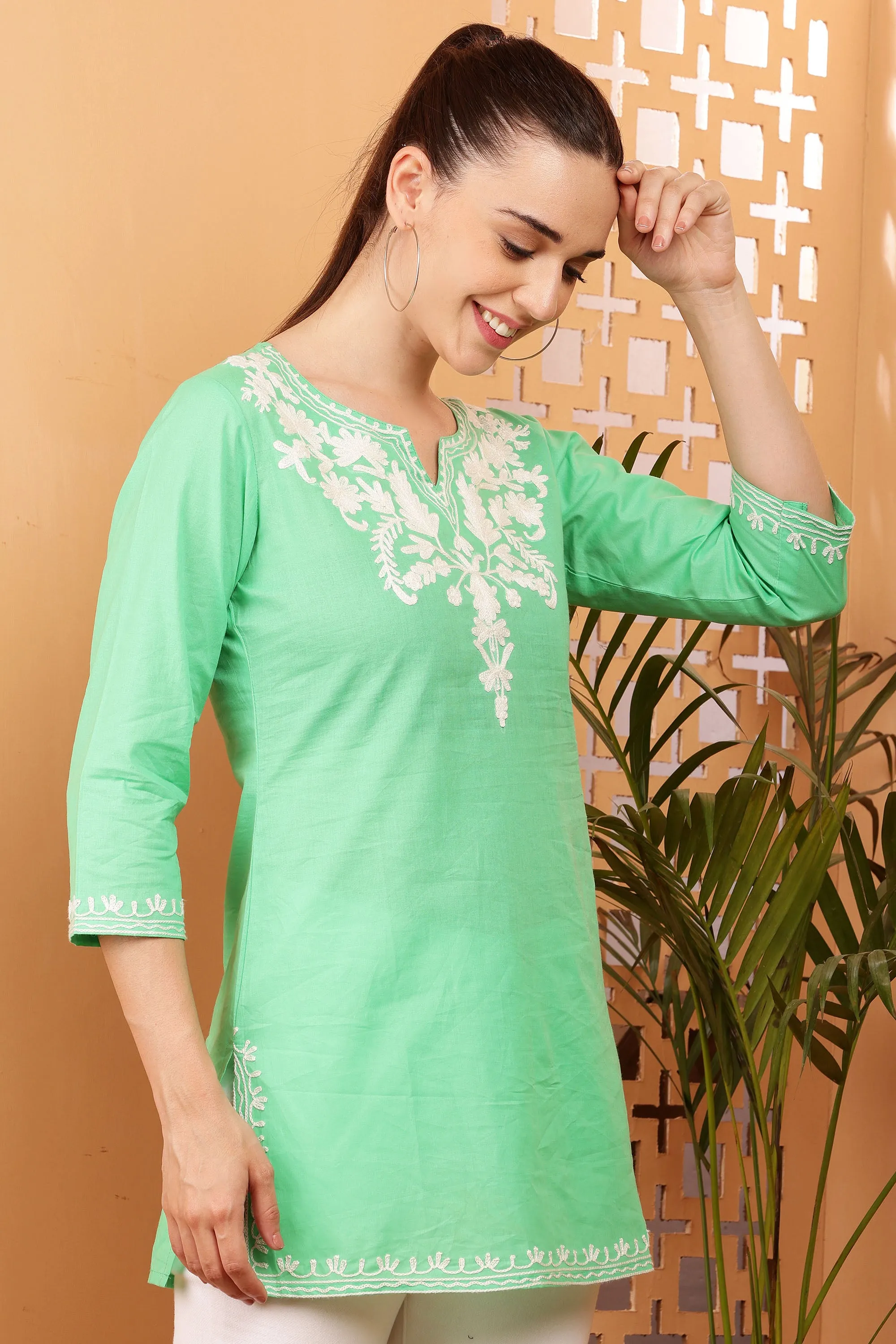 Women Lime Embroidered Cotton Kurti