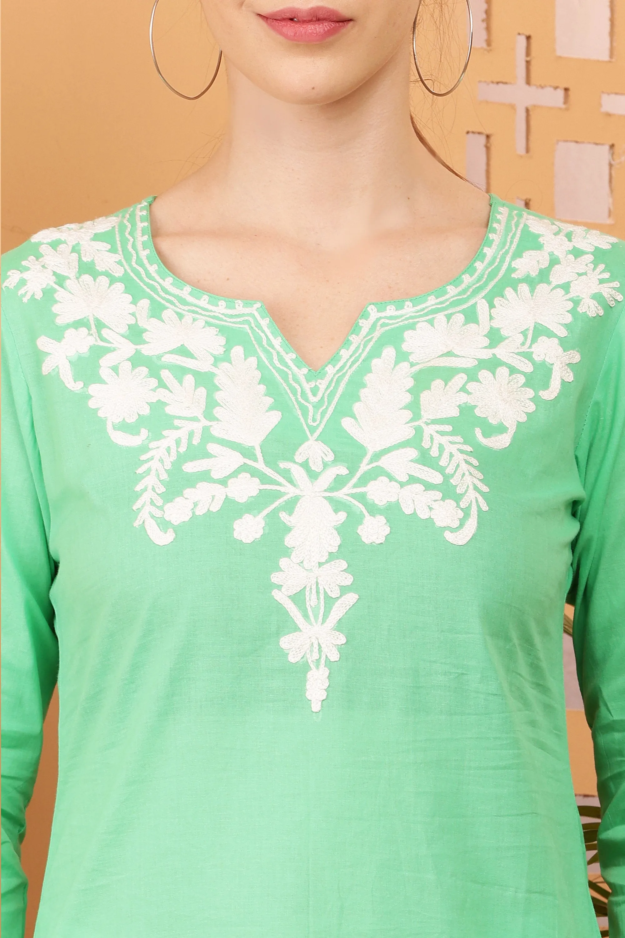 Women Lime Embroidered Cotton Kurti