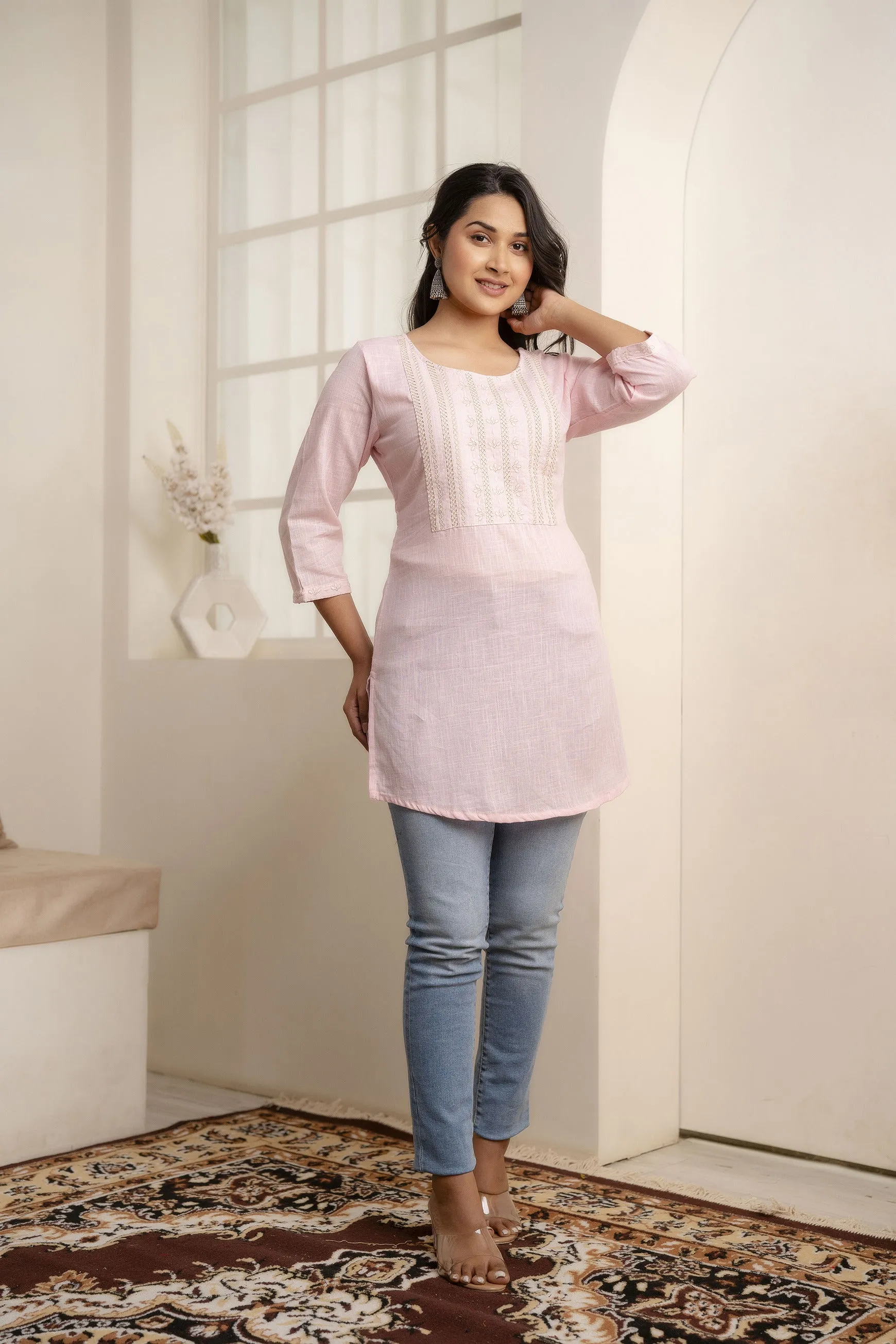 Women Pink Embroidered Yoke Straight Tunic With Three Quarter Sleeves