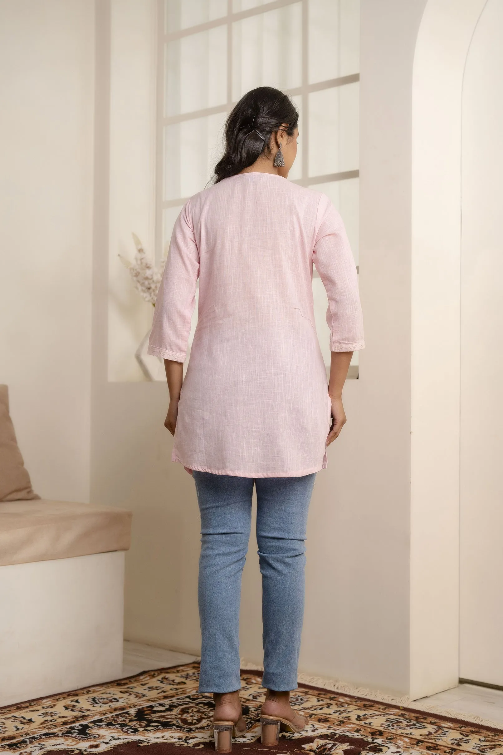 Women Pink Embroidered Yoke Straight Tunic With Three Quarter Sleeves