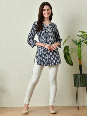 Women Stylish Blue Cotton Short Kurti With Elegant Print