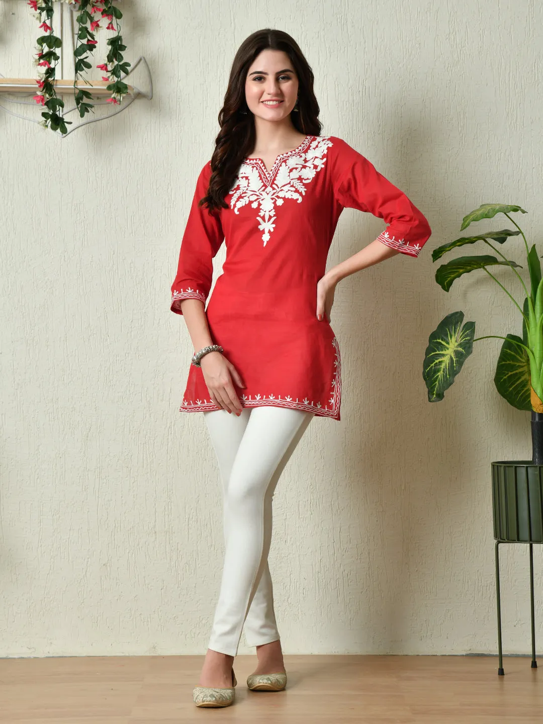 Women Stylish Red Cotton Short Kurti With Elegant Work