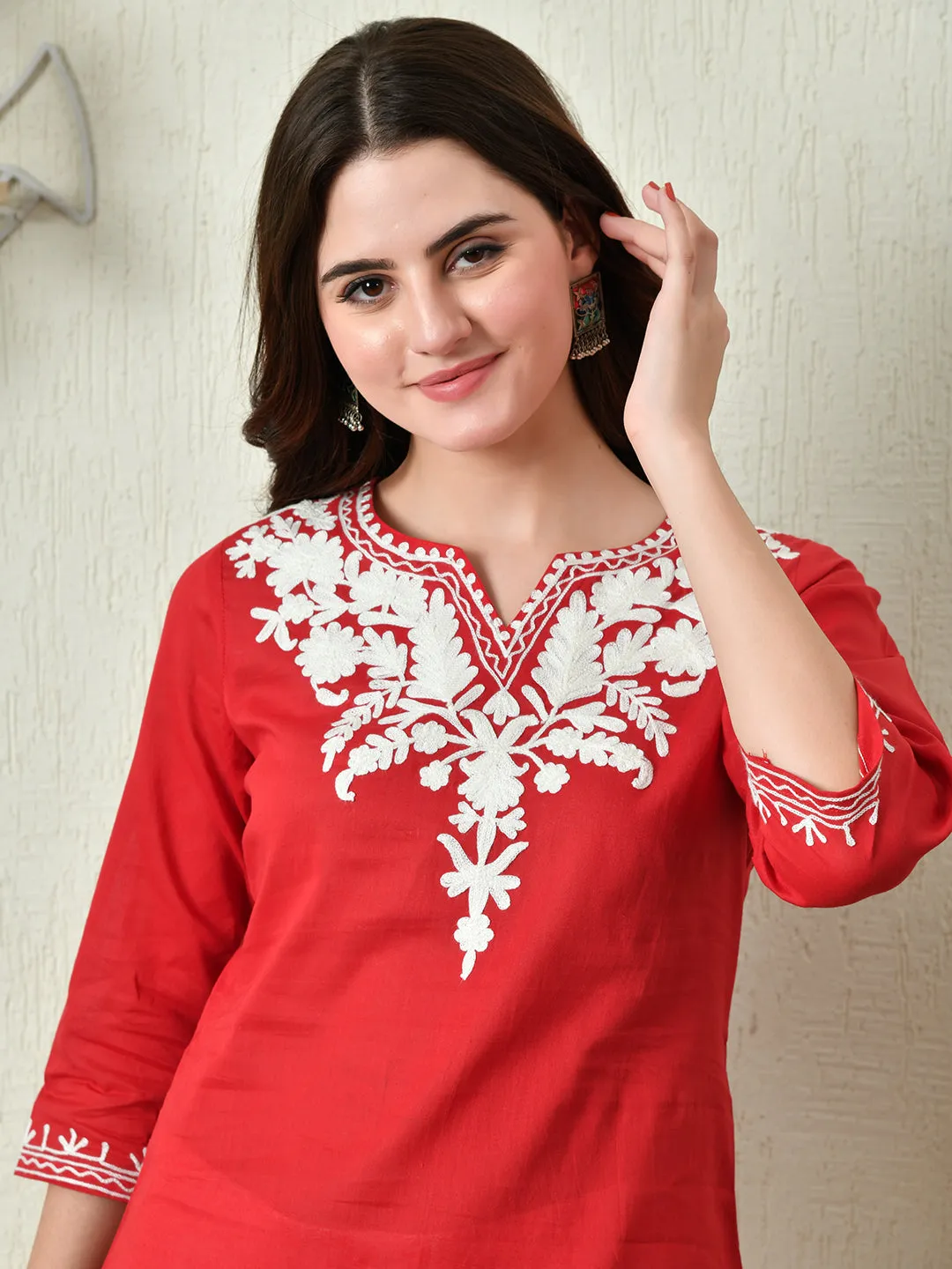 Women Stylish Red Cotton Short Kurti With Elegant Work