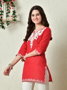 Women Stylish Red Cotton Short Kurti With Elegant Work