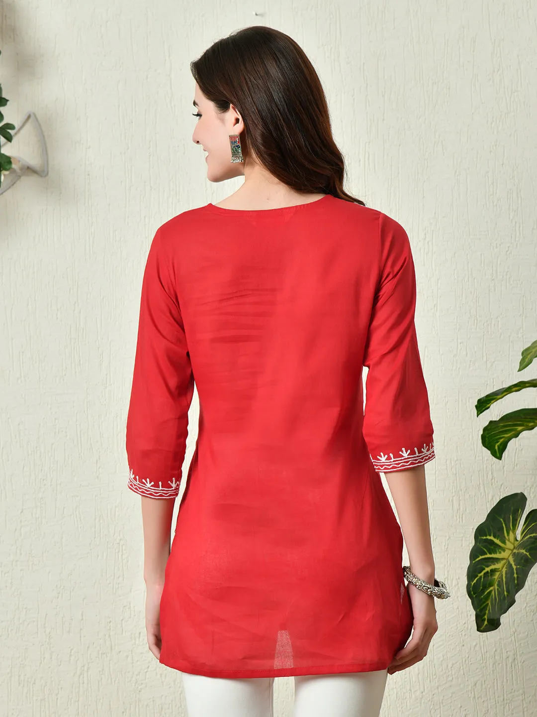 Women Stylish Red Cotton Short Kurti With Elegant Work