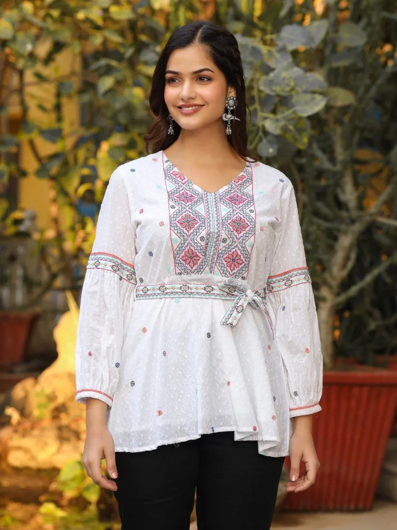 Women White Cotton Dobby Embroidered Peplum Tunic