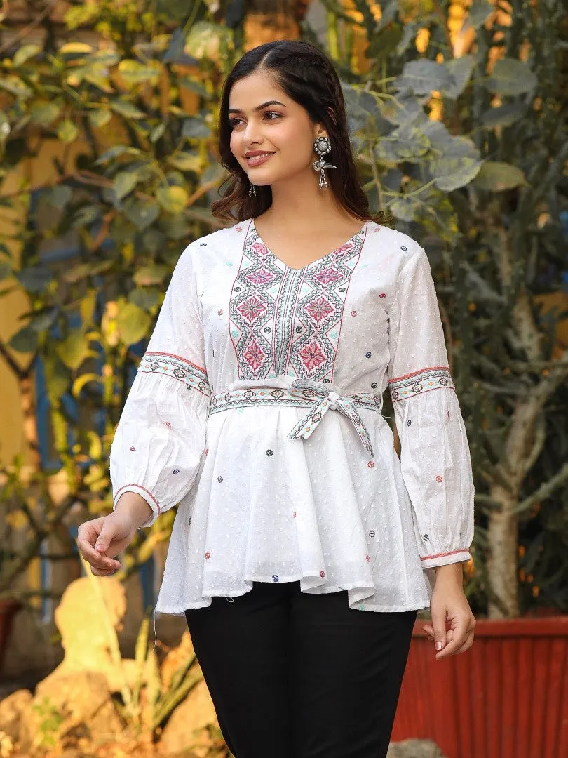 Women White Cotton Dobby Embroidered Peplum Tunic