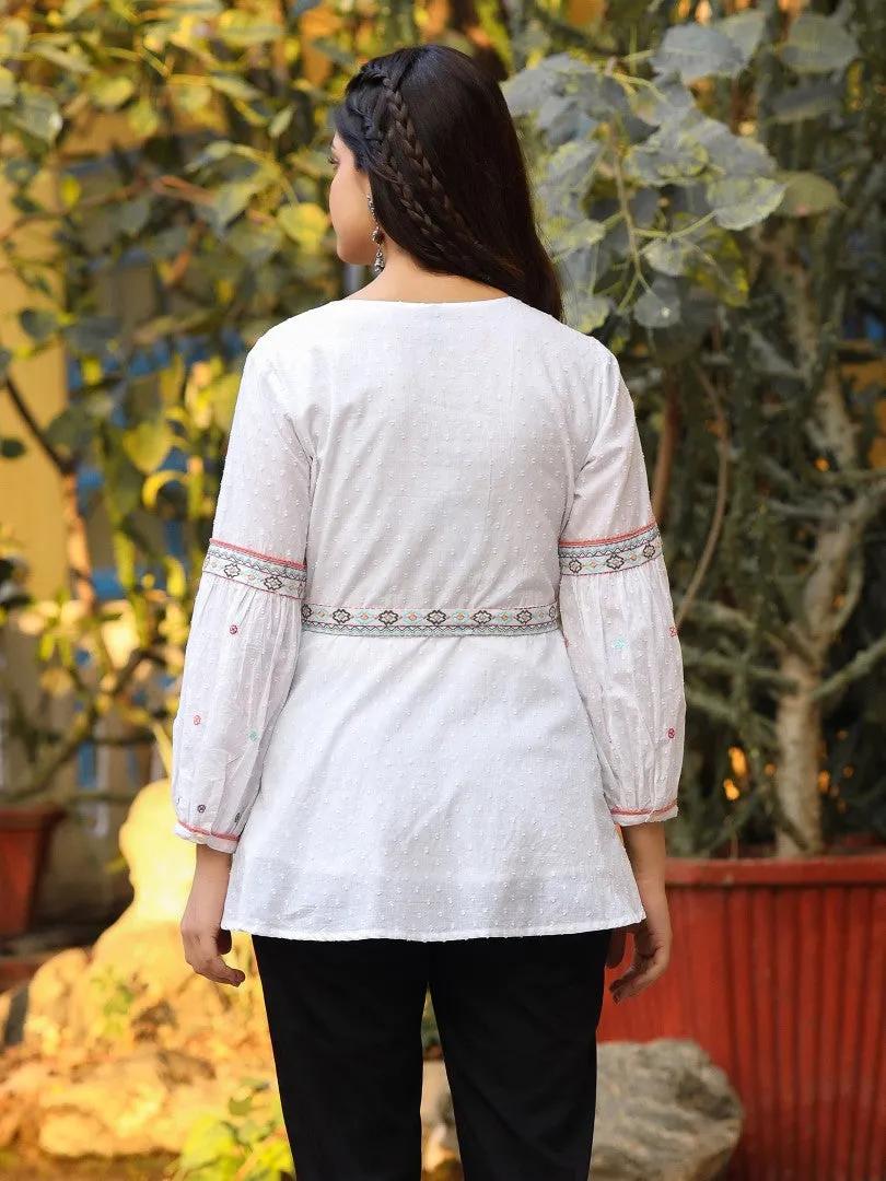 Women White Cotton Dobby Embroidered Peplum Tunic