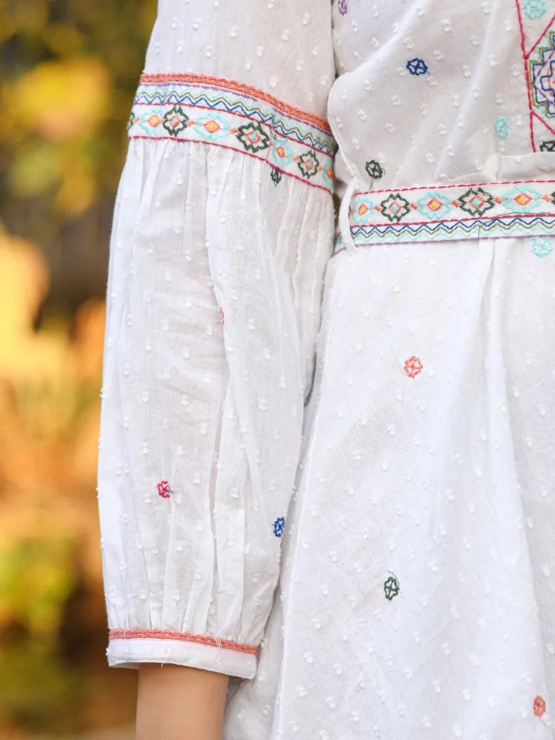 Women White Cotton Dobby Embroidered Peplum Tunic