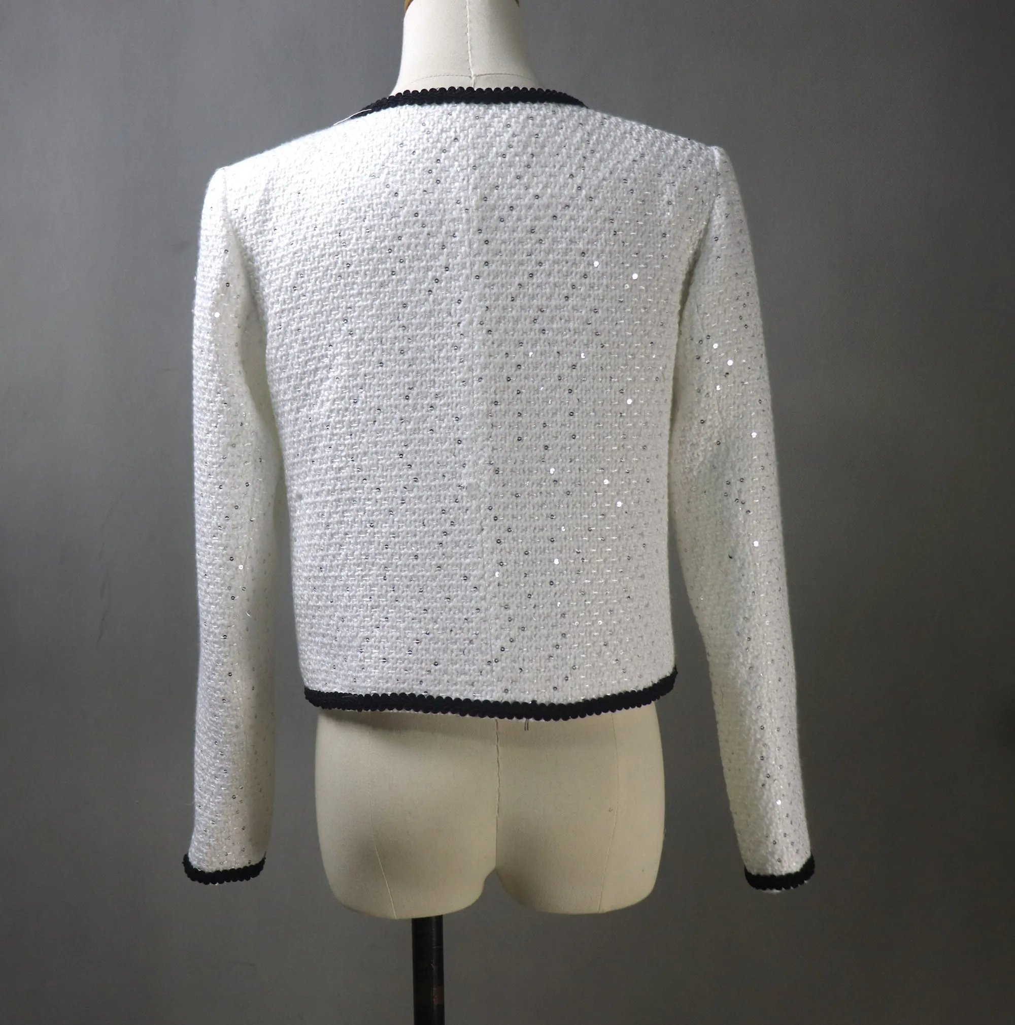 Women White Sequinned Jacket with Black Trim