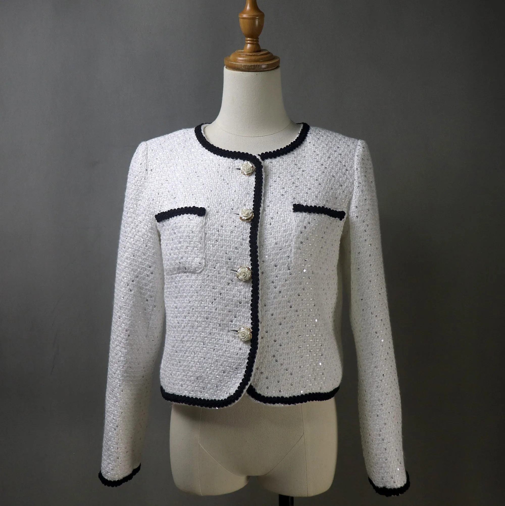 Women White Sequinned Jacket with Black Trim