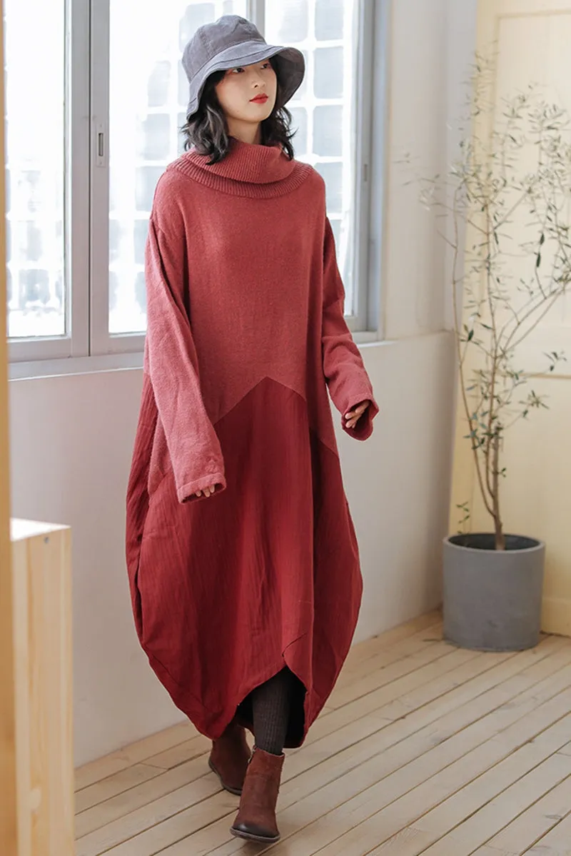 Women Wool Patchwork Turtleneck Sweater Dress