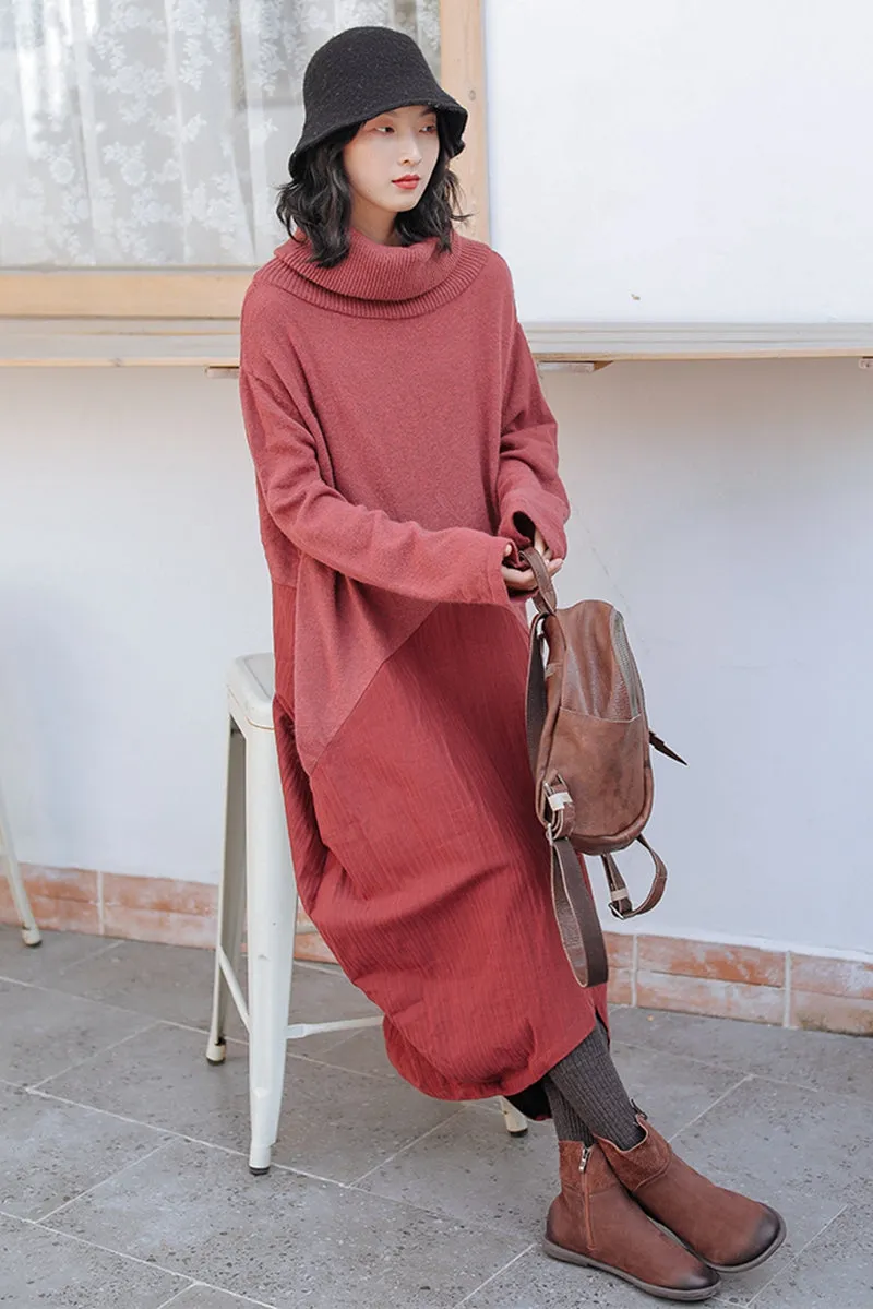 Women Wool Patchwork Turtleneck Sweater Dress