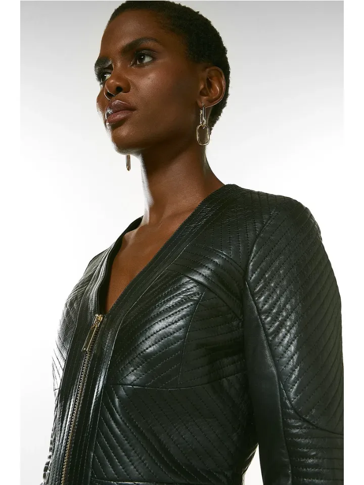 Women’s Black Leather Jacket V Neck