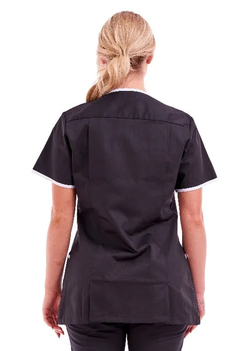 Women's Black Poly-Cotton Asymmetric V-Neck Tunic | Ideal for Nurses & Care Workers | Sizes S-XL | FUL04