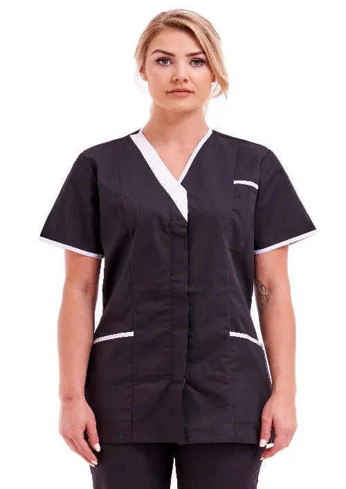 Women's Black Poly-Cotton Asymmetric V-Neck Tunic | Ideal for Nurses & Care Workers | Sizes S-XL | FUL04