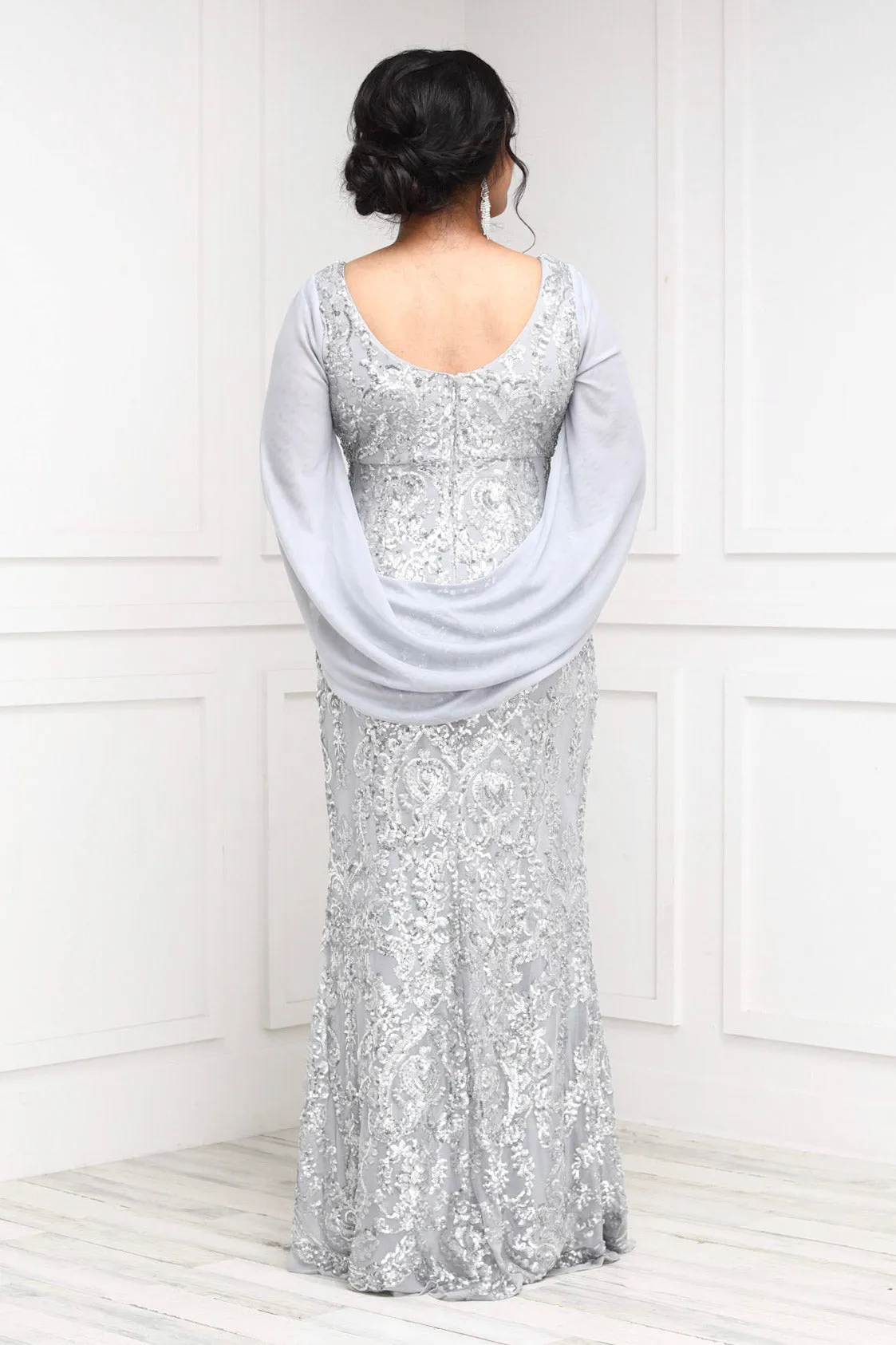 Women's Long Beaded Sheer Wrap Gown - Mother of the Bride Dress