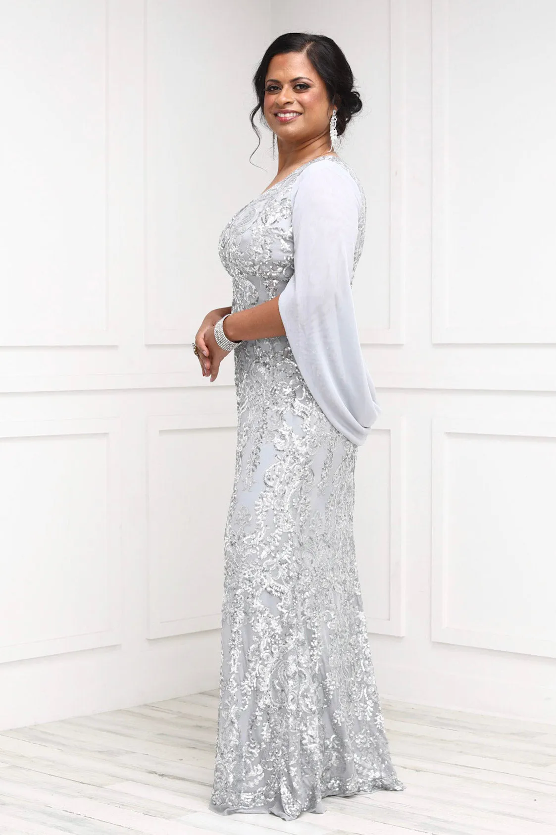 Women's Long Beaded Sheer Wrap Gown - Mother of the Bride Dress