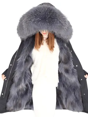 Women's Long Real Fur Coat Parka Waterproof