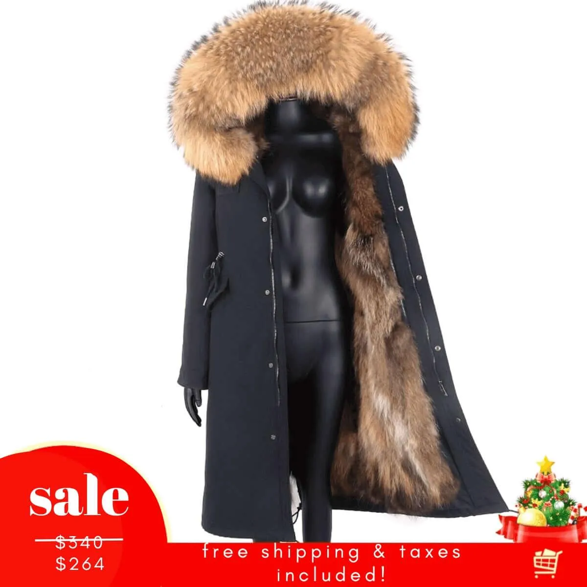 Women's Long Real Fur Coat Parka Waterproof