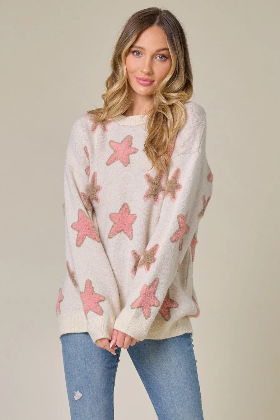 Women's Long Sleeve Crew Neck Star Printed Tunic Sweater