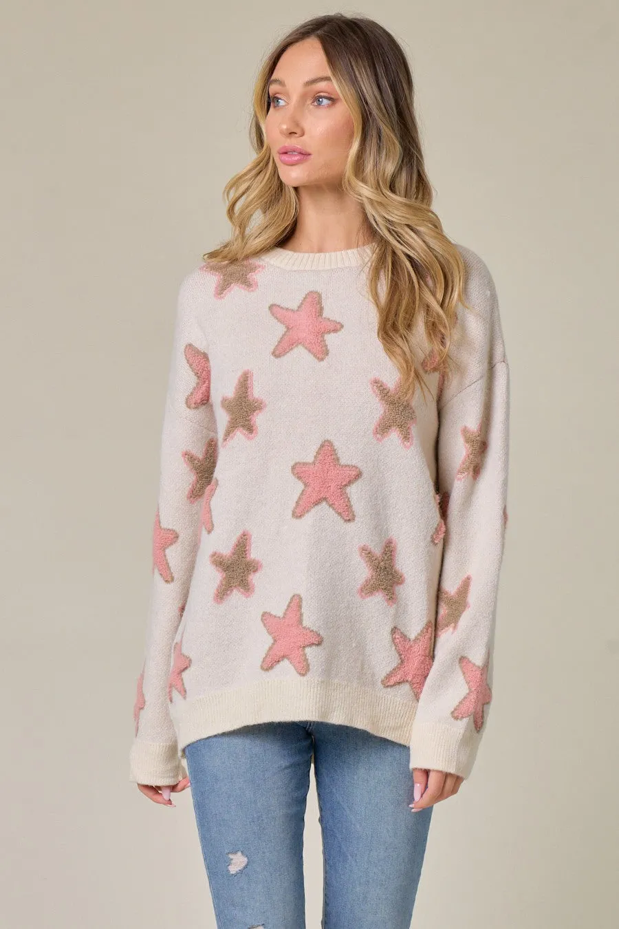 Women's Long Sleeve Crew Neck Star Printed Tunic Sweater