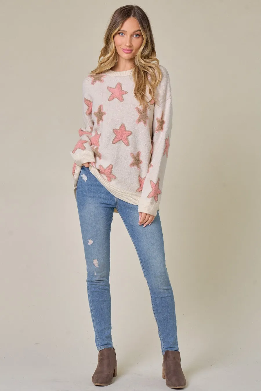 Women's Long Sleeve Crew Neck Star Printed Tunic Sweater