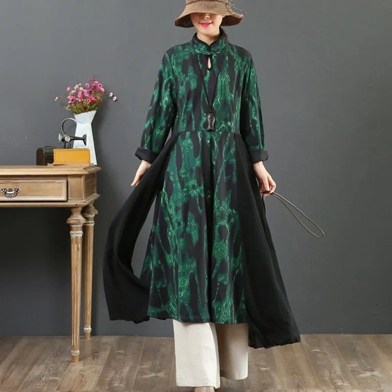 Women's Loose Printed Spliced Stand Collar Dress