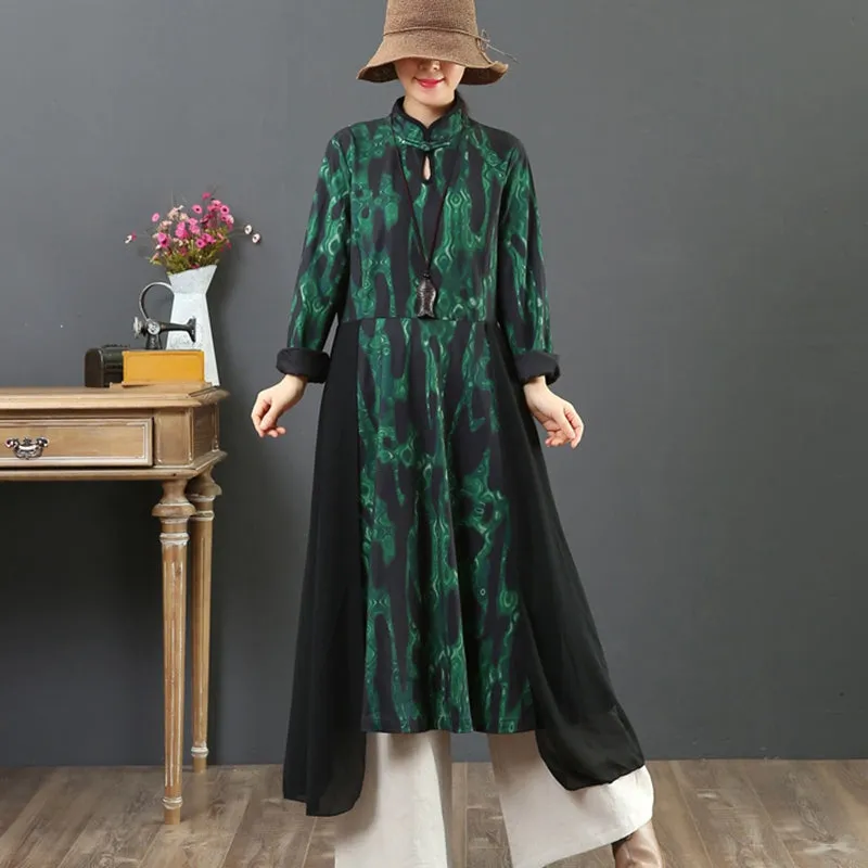 Women's Loose Printed Spliced Stand Collar Dress