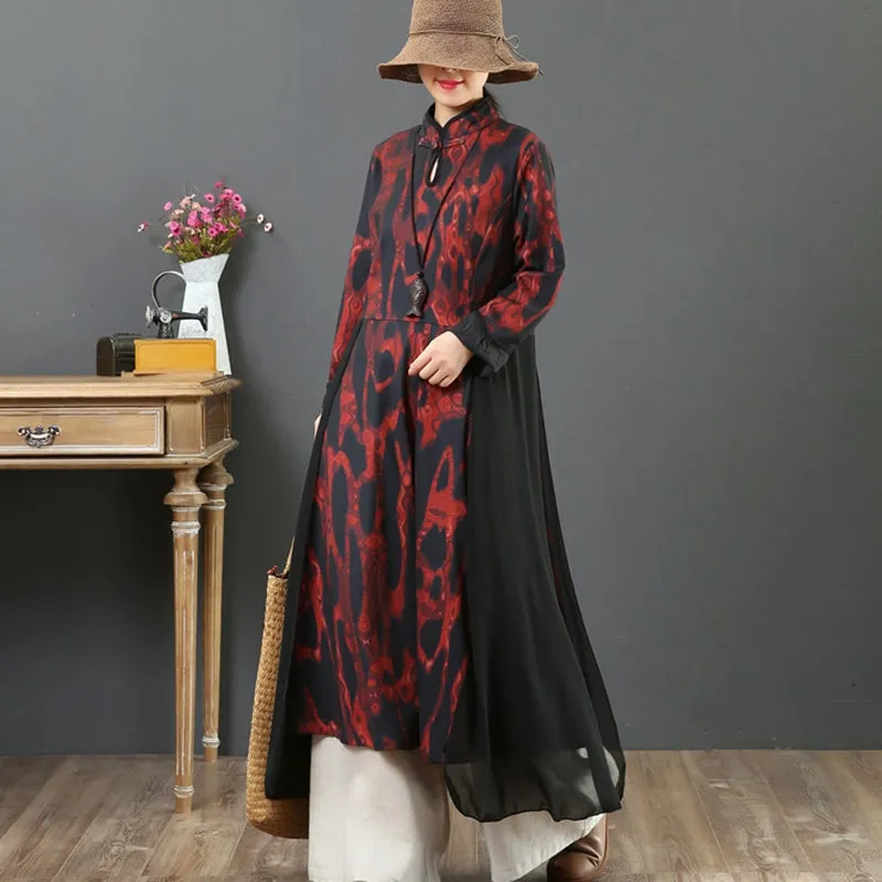 Women's Loose Printed Spliced Stand Collar Dress