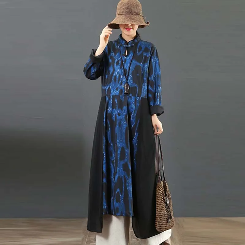 Women's Loose Printed Spliced Stand Collar Dress