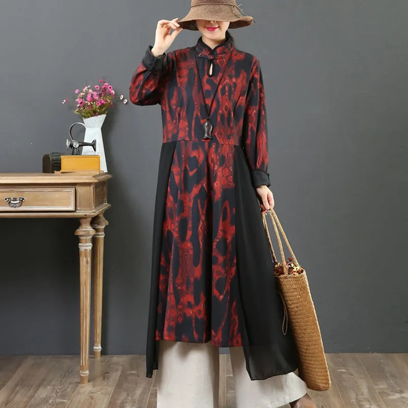 Women's Loose Printed Spliced Stand Collar Dress