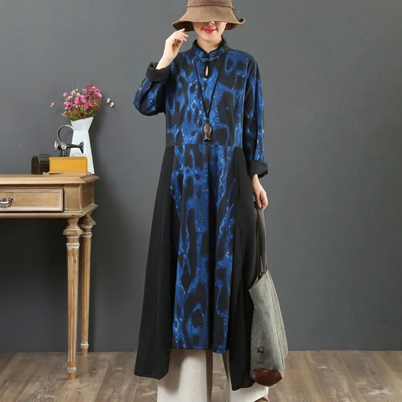 Women's Loose Printed Spliced Stand Collar Dress